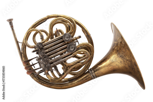 An ornate, vintage brass French horn with intricate coiled tubing and valves, isolated on a solid transparent background. background removed