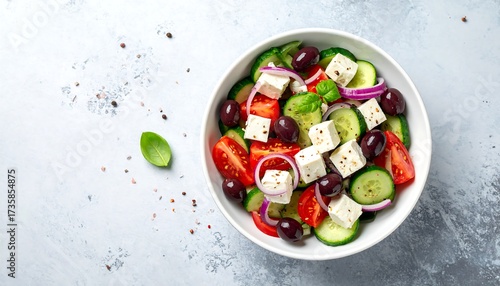 Fresh Greek Salad Bowl with Feta, Cucumber, Tomato and Olives on Light Background