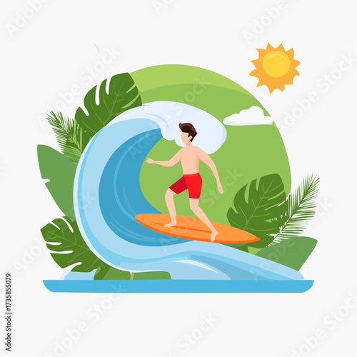 A vibrant illustration of a surfer riding a large ocean wave under a sunny sky.