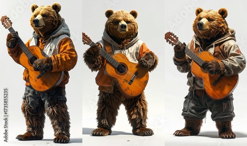The bear is holding a guitar background gesture expression layers style composition emotion figure frame scene cartoonish elements movement motion illustration design depth creative