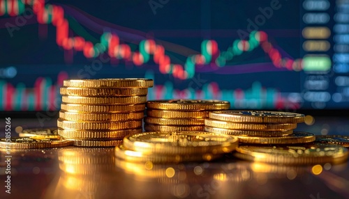 Stacks and scattered gold Bitcoin coins with ₿ symbol on reflective surface, financial chart with colorful candlestick patterns blurred in background, representing cryptocurrency and market trends.