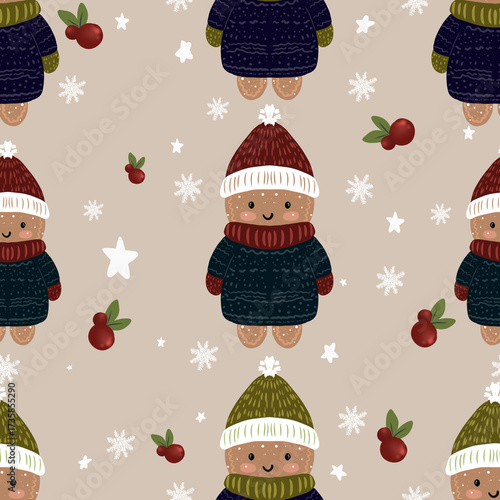 Seamless pattern with cute gingerbread men wearing winter sweaters and hats, surrounded by snowflakes, berries, and stars on beige background