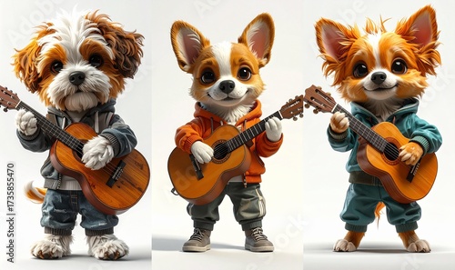 Three dogs with guitars and a guitar background composition illustration motion style backgrounds expression creative depth figure movement scene cartoonish elements frame colorful