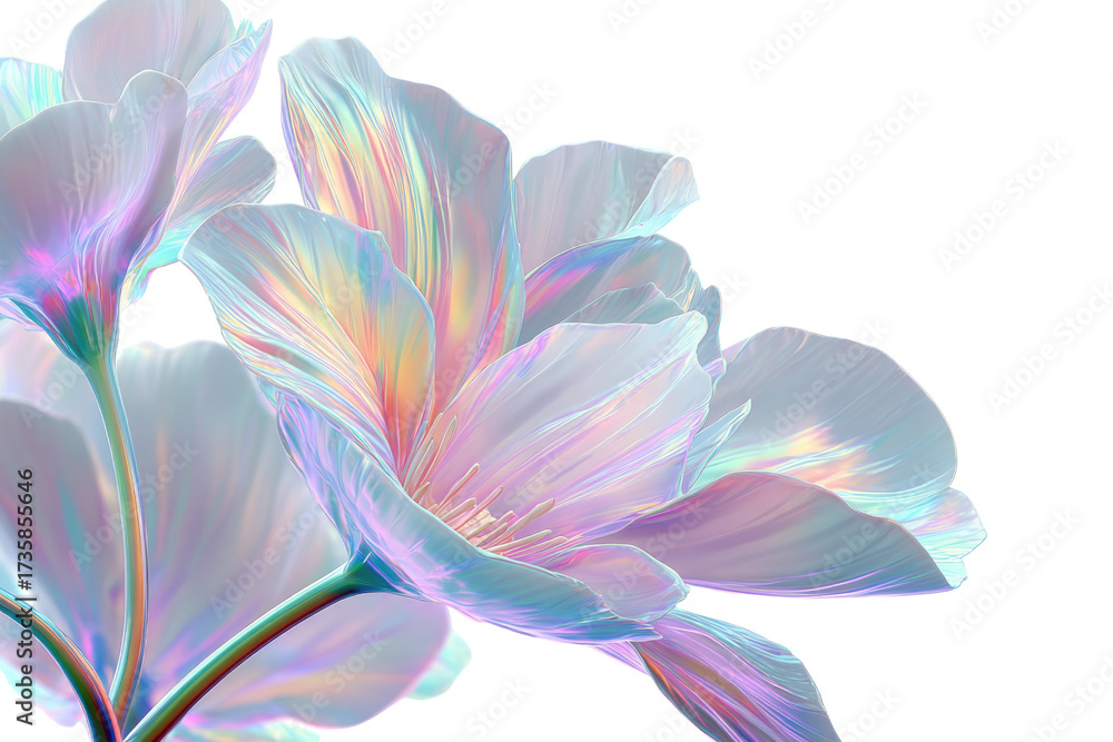 Fototapeta premium Captivating iridescent flowers with translucent petals displaying a stunning pearlescent glow and delicate hues, set against a transparent background. background removed