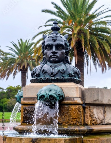 Bronze bust of a stern-faced figure atop a fountain