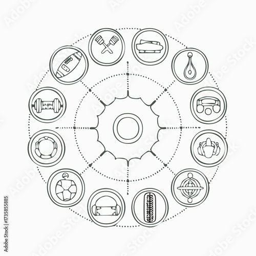 Circular arrangement of sports and leisure icons in a line art style.