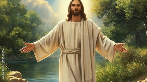 Jesus Christ stands with open arms in a serene natural setting by the water.
