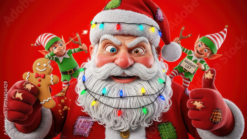 Christmas scene of winking Santa with beard lights and two mischievous elves with slingshots,