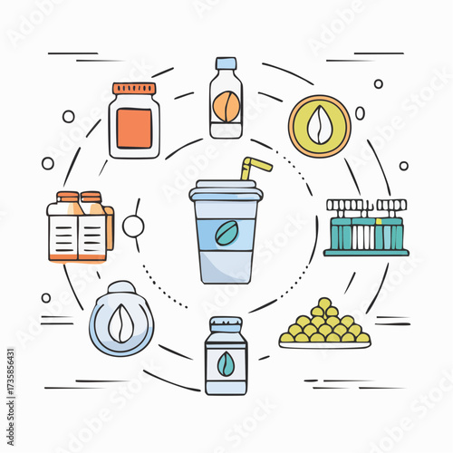 Vector illustration of the coffee industry, showing products from beans to beverages, supplements, and scientific research.