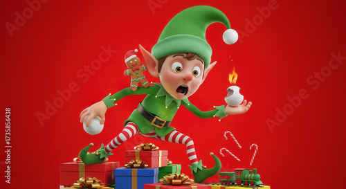 Funny Christmas card showing a shocked elf balancing on gifts, holding a burning snowball