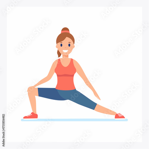 A woman in athletic attire performs a side lunge, demonstrating flexibility and exercise.