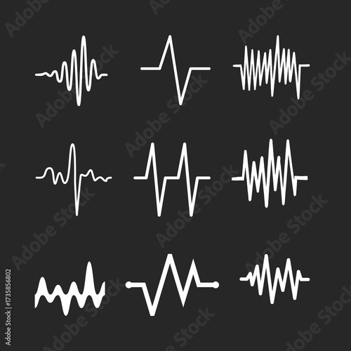 icon set Sound wave patterns on a black background.