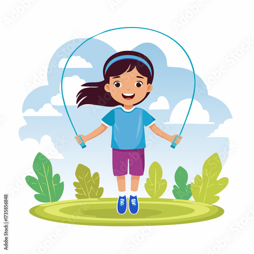 A cheerful young girl is happily jumping rope in a park on a sunny day.