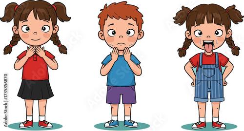 Cartoon children expressing different emotions and gestures, vector illustration for classroom behavior, emotional learning, communication, and educational character themes