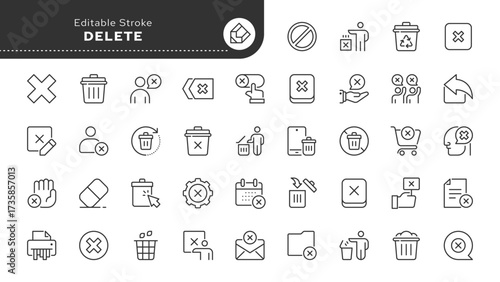 Delete line icon set. Erase, trash can, remove, wrong, bin, cross, button, basket, cancel, undo, throw, refuse and more. Outline icon in linear style. Vector collection.