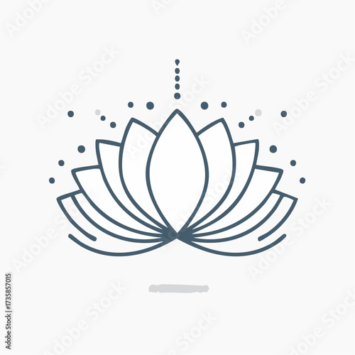 A minimalist line art illustration of a stylized lotus flower with decorative dots, representing peace and spirituality.