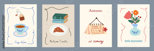 Autumn season minimalist cards with maple leaves, books, flowers, tea. Whimsical wall art, poster cover, banner, card, flyer. Creative design templates ads, web, label, branding, social media.