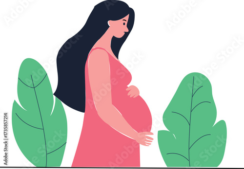 Pregnant Woman Vector – Expecting Mother in Pink Dress Illustration for Motherhood, Family and Wellness Projects