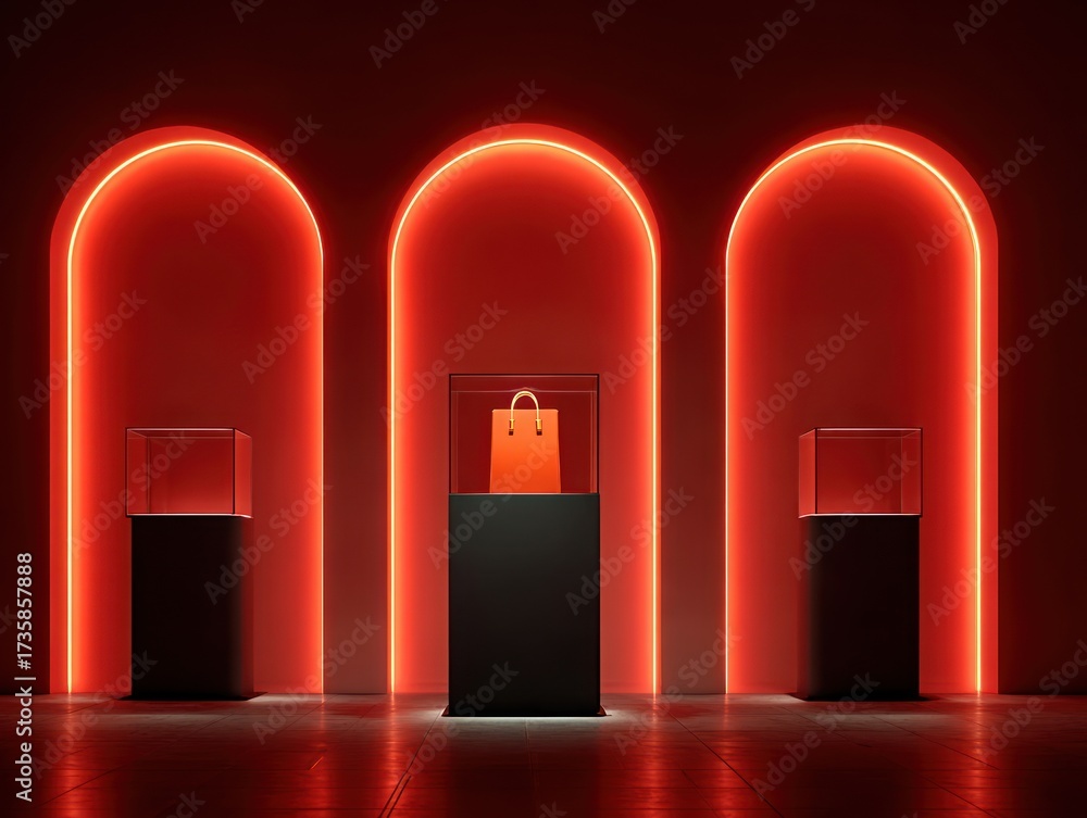 Fototapeta premium Three display cases, illuminated by vibrant neon red light, showcasing an orange shopping bag in a modern gallery setting.