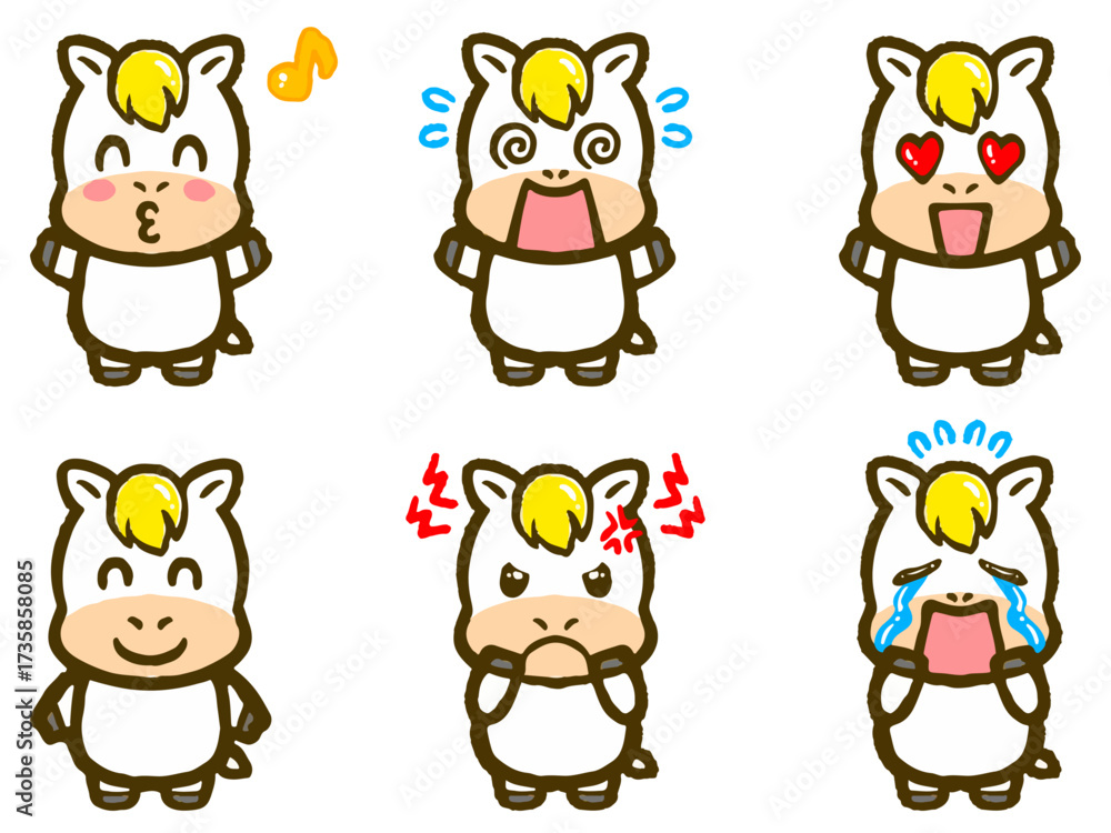 Obraz premium 落書き風のかわいい馬の喜怒哀楽イラスト素材セット
