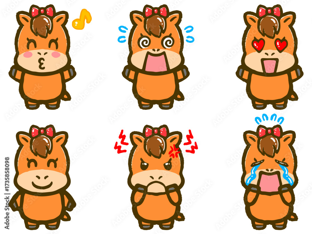 Obraz premium 落書き風のかわいい馬の喜怒哀楽イラスト素材セット3