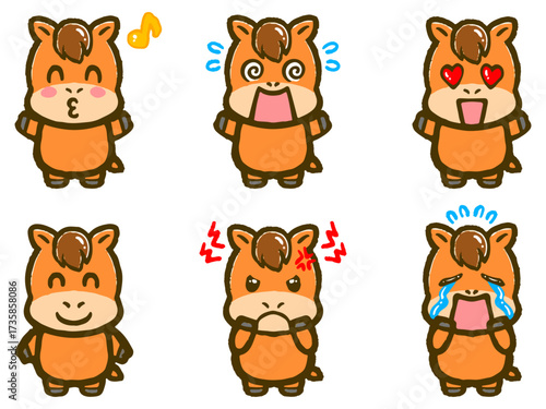 落書き風のかわいい馬の喜怒哀楽イラスト素材セット4
