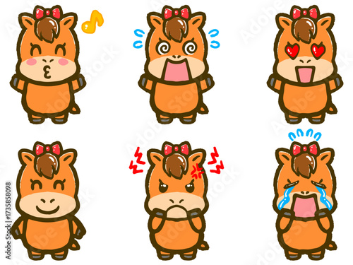 落書き風のかわいい馬の喜怒哀楽イラスト素材セット3
