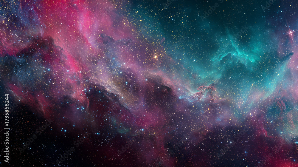 Obraz premium Stunning outer space nebula in vibrant pink, teal and purple hues, countless stars, high detail deep space photography style