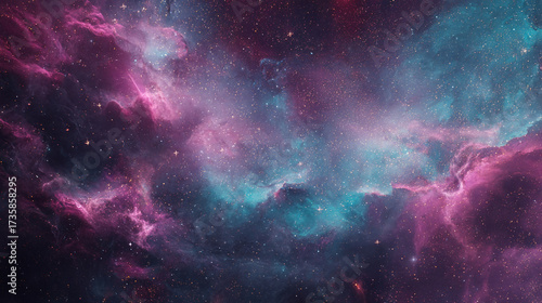 Fototapeta Naklejka Na Ścianę i Meble -  Stunning outer space nebula in vibrant pink, teal and purple hues, countless stars, high detail deep space photography style