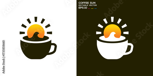 Coffee cup logo. Sunrise, morning, breakfast. Vector design template.