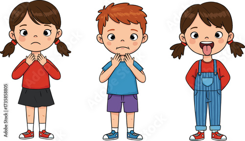 Cartoon children expressing emotions and body language, vector illustration for classroom behavior, emotional learning, communication, and educational character development themes