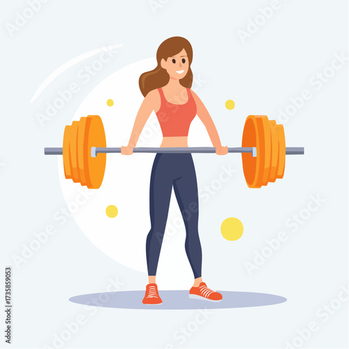 A strong, happy woman in athletic wear lifting a heavy barbell during a workout.