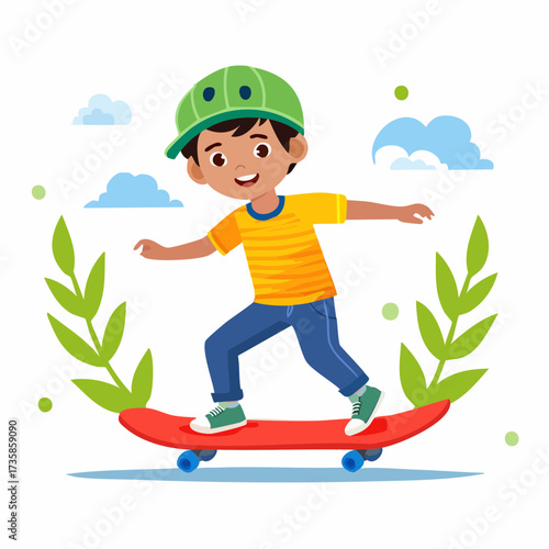 A happy young boy wearing a helmet and a yellow striped shirt is skateboarding outdoors.