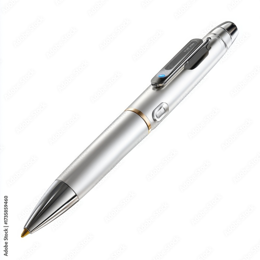 Naklejka premium Sleek metallic pen with integrated presentation clicker and laser pointer on white background