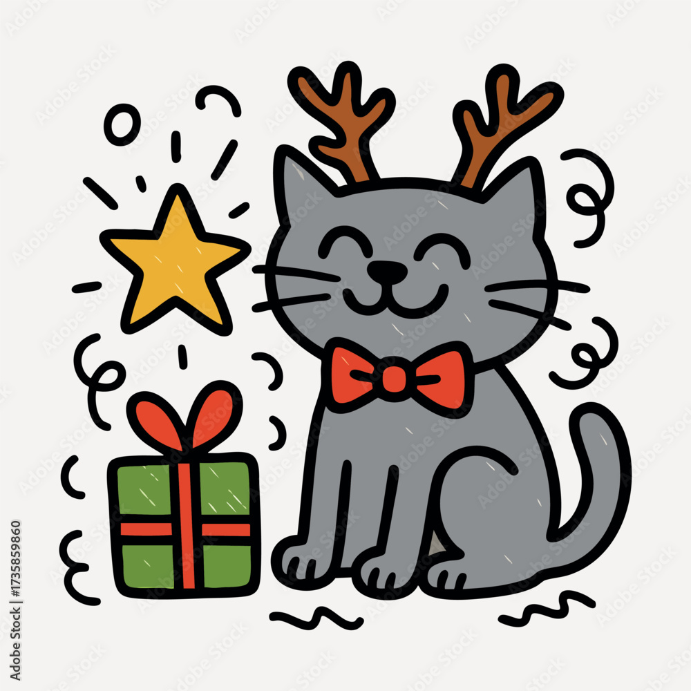 Fototapeta premium Christmas cat doodle with gift and star