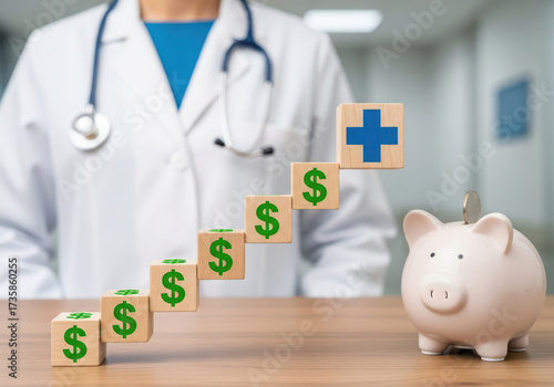 Doctor with rising healthcare costs and piggy bank savings concept