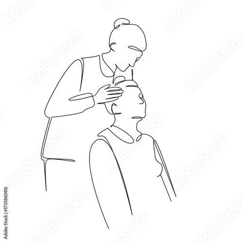 One continuous single drawing line art flat doodle doctor, care, woman, lifestyle, relaxation, head, hand, massage. Isolated image hand draw contour on a white background, hand drawn, not AI
