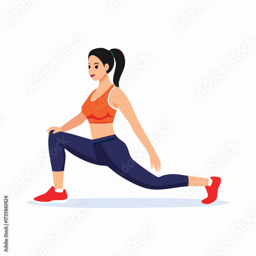 A woman is performing a lunge stretch, demonstrating a common exercise for flexibility and fitness.