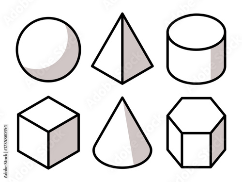 Collection of geometric shapes, cone, cylinder, sphere, cube and pyramid icons