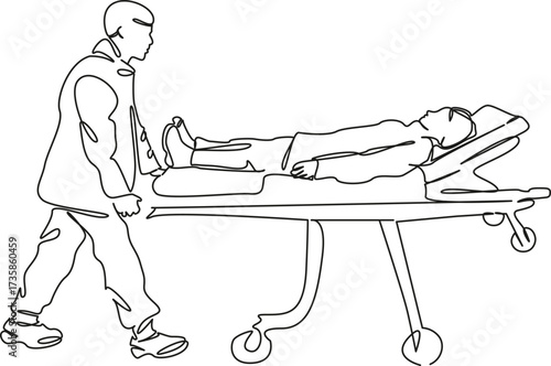 One continuous single drawing line art flat doodle patient, urgency, doctor, transportation, healthcare and medicine, hospital. Isolated image hand draw contour on a white background, hand drawn, not 
