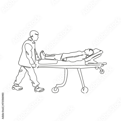 One continuous single drawing line art flat doodle patient, urgency, doctor, transportation, healthcare and medicine, hospital. Isolated image hand draw contour on a white background, hand drawn, not 