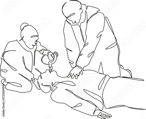One continuous single drawing line art flat doodle patient, hospital, doctor, unconscious, medicine, resuscitation, cpr. Isolated image hand draw contour on a white background, hand drawn, not AI