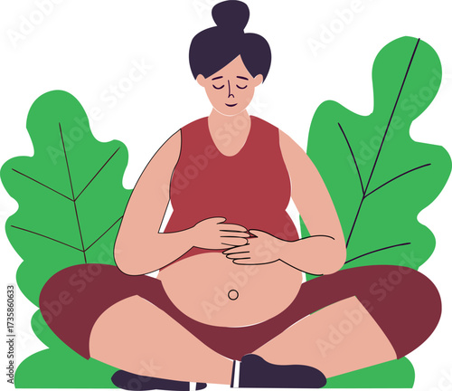 Pregnant Woman Meditation Vector – Expecting Mother Relaxing with Plants for Wellness, Yoga, and Family Health Projects
