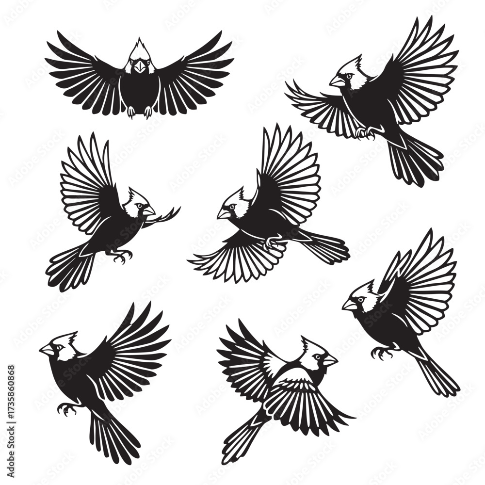 Naklejka premium Dynamic set of stylized cardinal bird silhouettes in various flight poses, ideal for nature and sports logos.