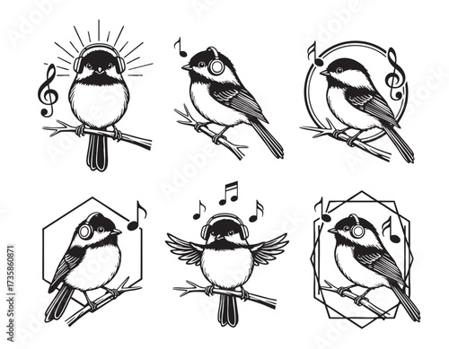 Set of cute black-capped chickadees wearing headphones, listening to music, in various charming vector styles. Birds.