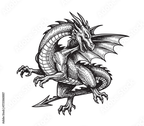  Majestic, fierce European dragon sketch with detailed scales and wings, ready to strike. Perfect for fantasy and mythical designs.