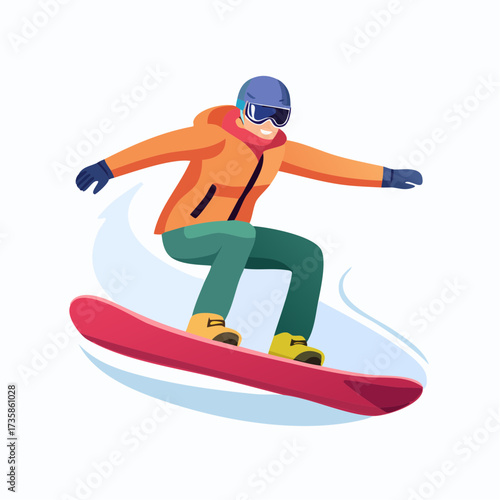 A snowboarder in an orange jacket and green pants rides a red snowboard.