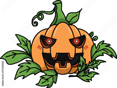 Spooky Jack-o'-lantern Halloween pumpkin with leaves and menacing eyes, perfect for festive decorations and scary holiday themes