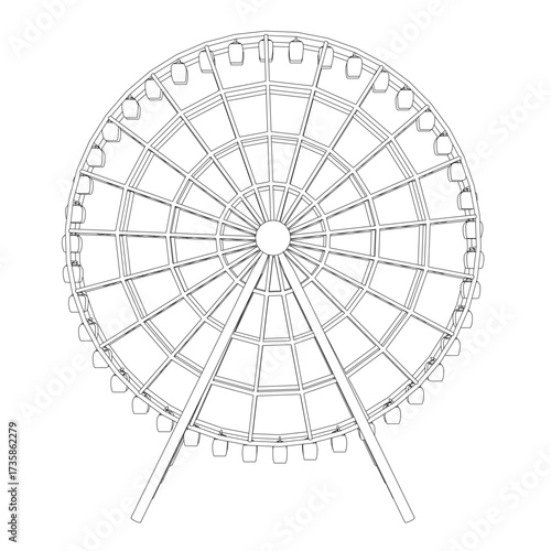 A black and white contour drawing of a ferris wheel with spokes radiating from the center, isolated on a stark white background for strong contrast.