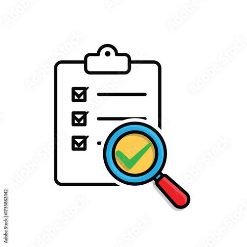 Evaluation icon. Management. Evaluation sheet with magnifying glass and check mark. manager, success. mixed design style.
